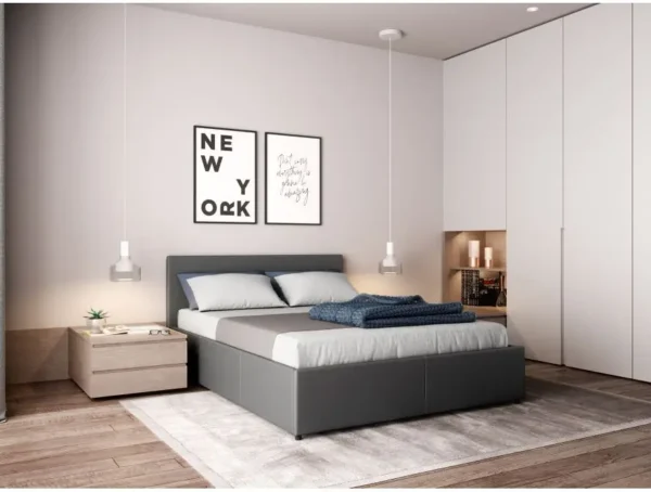 MAJESTIC Cadre de lit avec coffre de rangement et tête de lit en simili GRIS 140/190 cm – Image 3