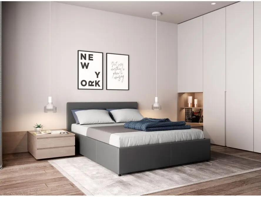 MAJESTIC Cadre de lit avec coffre de rangement et tête de lit en simili GRIS 140/190 cm – Image 3