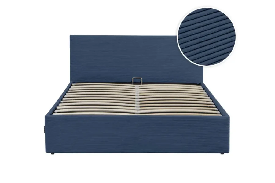 MAJESTIC Cadre de lit avec coffre de rangement et tête de lit en velours côtelé BLEU FONCE 160/200 cm