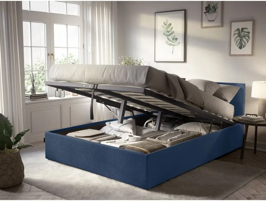 MAJESTIC Cadre de lit avec coffre de rangement et tête de lit en velours côtelé BLEU FONCE 140/190 cm – Image 2