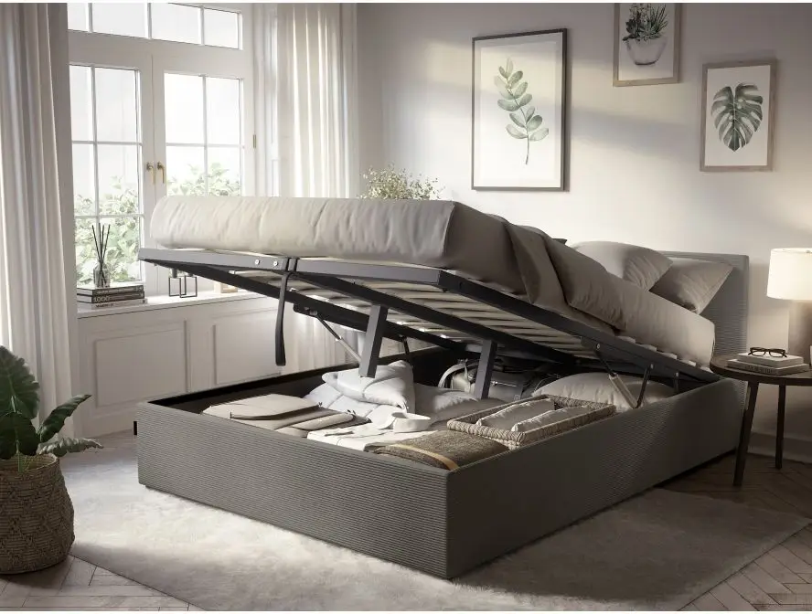 MAJESTIC Cadre de lit avec coffre de rangement et tête de lit en velours côtelé GRIS 140/190 cm – Image 2