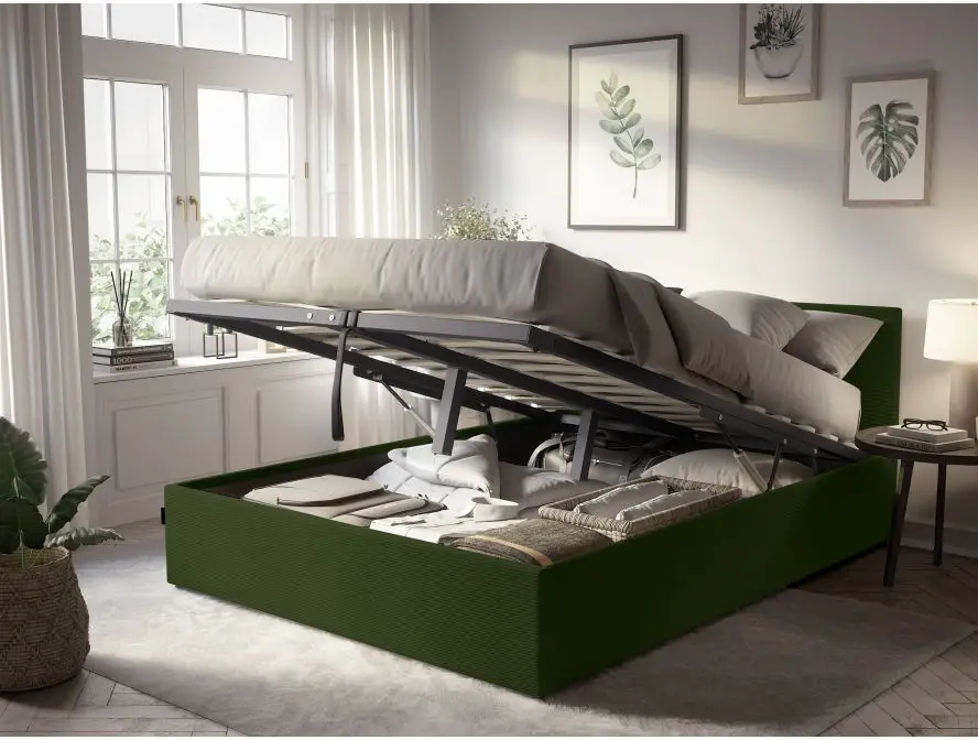 MAJESTIC Cadre de lit avec coffre de rangement et tête de lit en velours côtelé vert 160/200 cm – Image 2