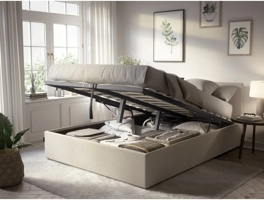 MAJESTIC Cadre de lit avec coffre de rangement et tête de lit en velours côtelé beige 140/190 cm – Image 2