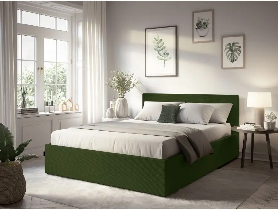 MAJESTIC Cadre de lit avec coffre de rangement et tête de lit en velours côtelé VERT 140/190 cm – Image 3