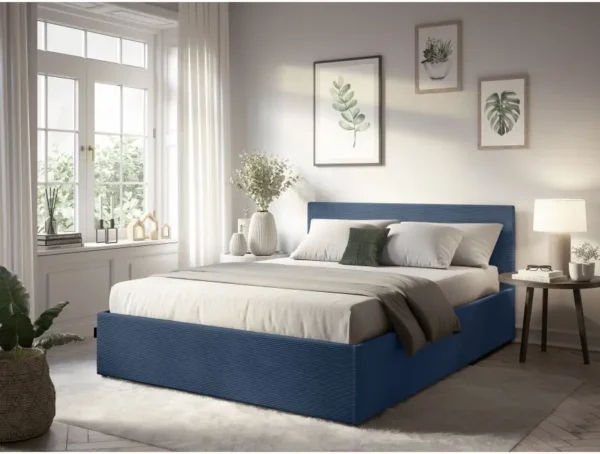 MAJESTIC Cadre de lit avec coffre de rangement et tête de lit en velours côtelé BLEU FONCE 140/190 cm – Image 3