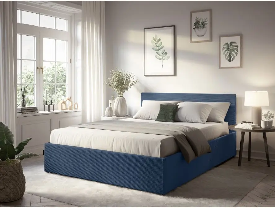 MAJESTIC Cadre de lit avec coffre de rangement et tête de lit en velours côtelé BLEU FONCE 140/190 cm – Image 3
