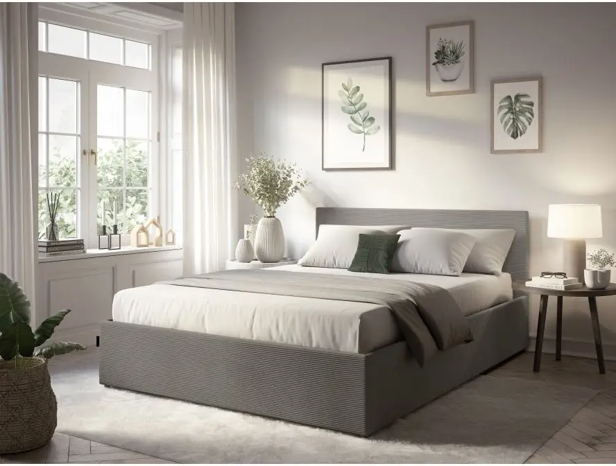 MAJESTIC Cadre de lit avec coffre de rangement et tête de lit en velours côtelé GRIS 140/190 cm – Image 3