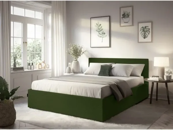 MAJESTIC Cadre de lit avec coffre de rangement et tête de lit en velours côtelé vert 160/200 cm – Image 3
