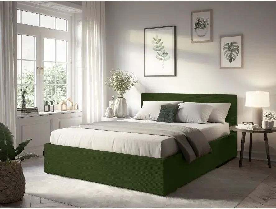 MAJESTIC Cadre de lit avec coffre de rangement et tête de lit en velours côtelé vert 160/200 cm – Image 3