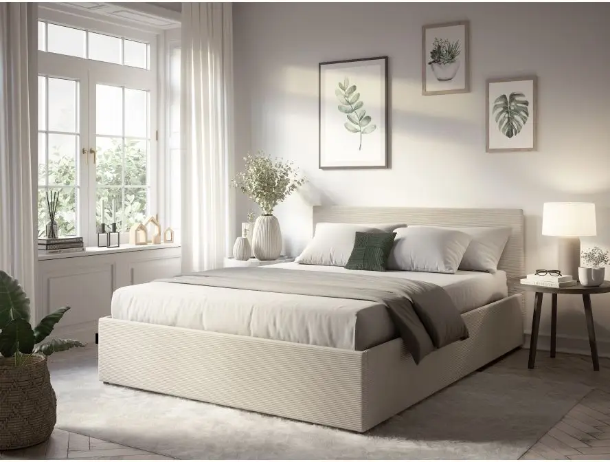 MAJESTIC Cadre de lit avec coffre de rangement et tête de lit en velours côtelé beige 140/190 cm – Image 3