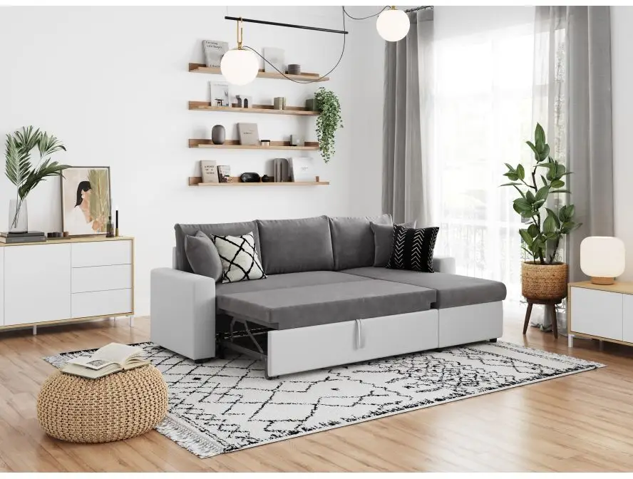 MARIA Canapé d'angle réversible, convertible en simili et microfibre avec coffre gris blanc – Image 2