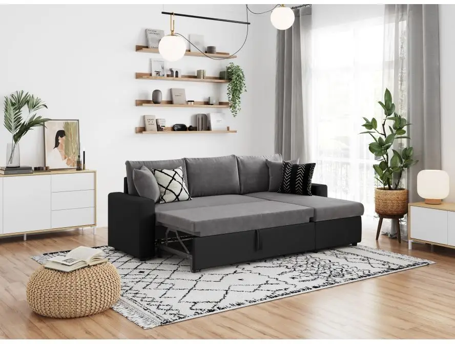 MARIA Canapé d'angle réversible, convertible en simili et microfibre avec coffre noir GRIS – Image 2