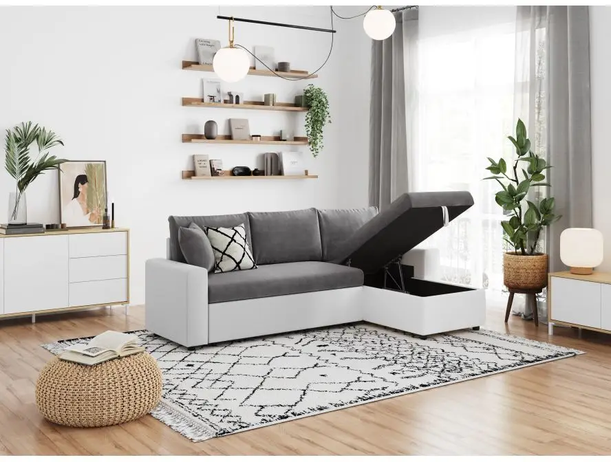 MARIA Canapé d'angle réversible, convertible en simili et microfibre avec coffre gris blanc – Image 3
