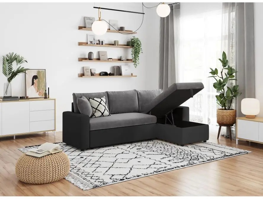 MARIA Canapé d'angle réversible, convertible en simili et microfibre avec coffre noir GRIS – Image 3