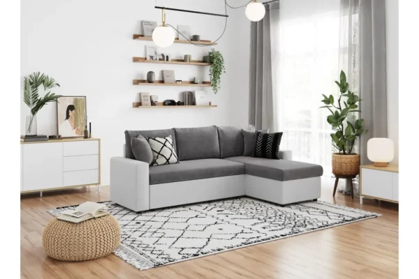 MARIA Canapé d'angle réversible, convertible en simili et microfibre avec coffre gris blanc – Image 4