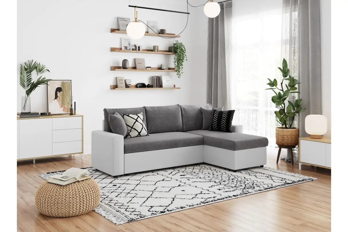 MARIA Canapé d'angle réversible, convertible en simili et microfibre avec coffre gris blanc – Image 4