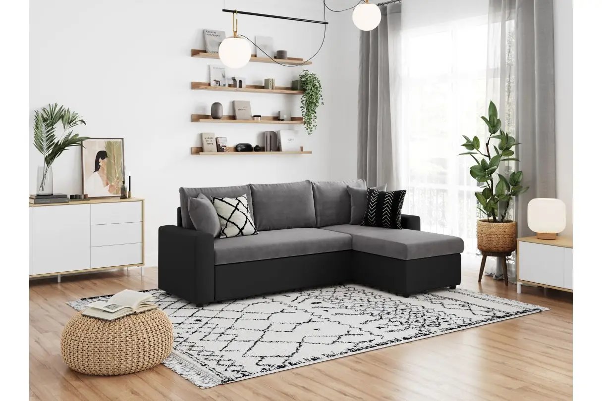 MARIA Canapé d'angle réversible, convertible en simili et microfibre avec coffre noir GRIS – Image 4