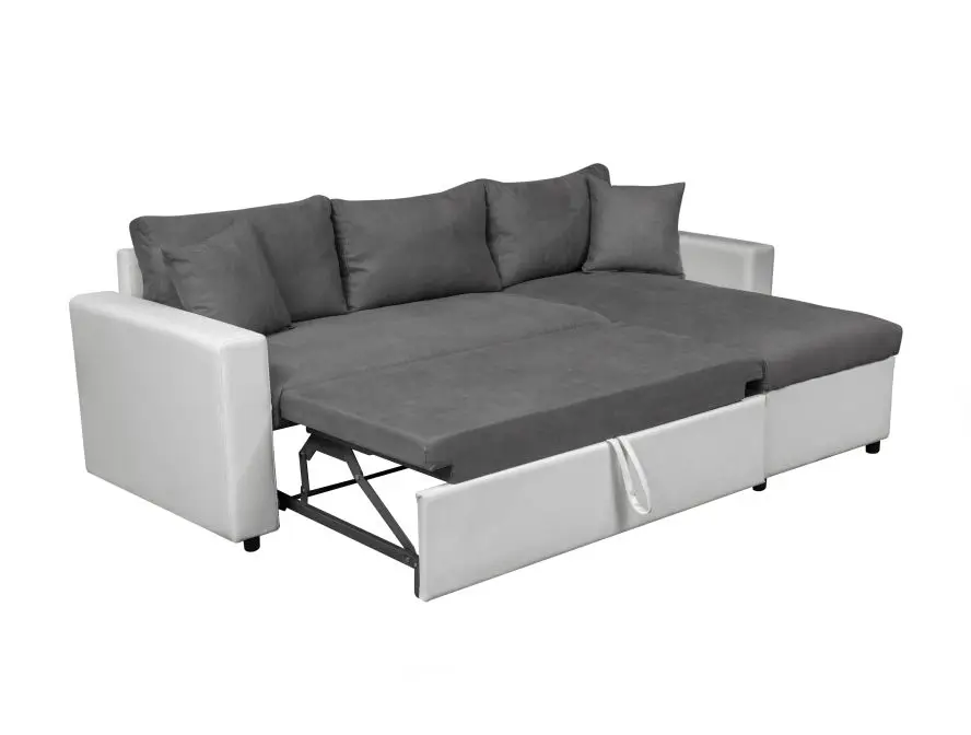 MARIA Canapé d'angle réversible, convertible en simili et microfibre avec coffre gris blanc – Image 5