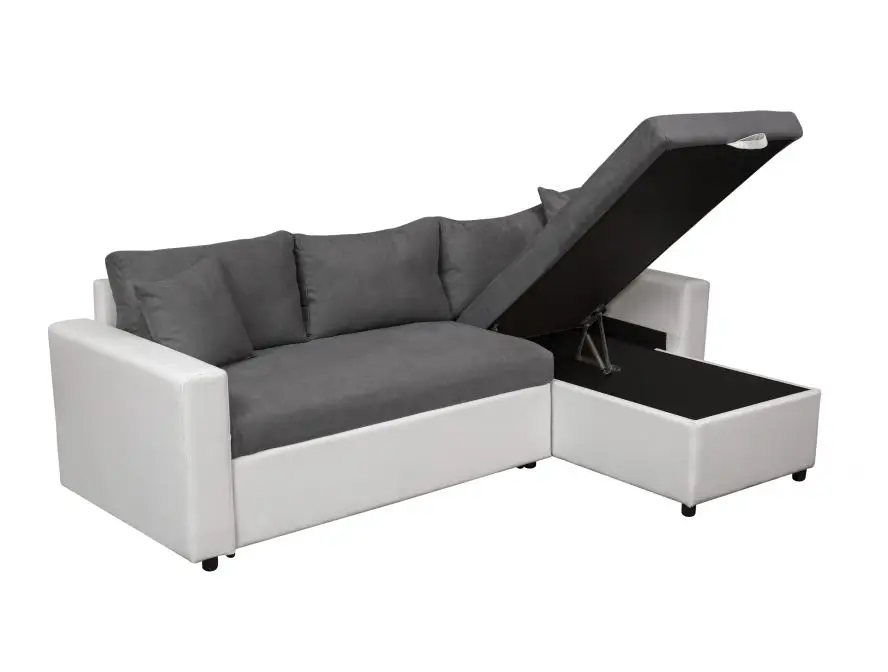 MARIA Canapé d'angle réversible, convertible en simili et microfibre avec coffre gris blanc – Image 6