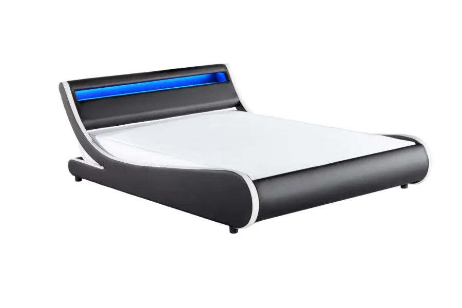 MERCURE Cadre de lit LED avec tête de lit et sommier à lattes en simili BLANC/NOIR  160/200 cm