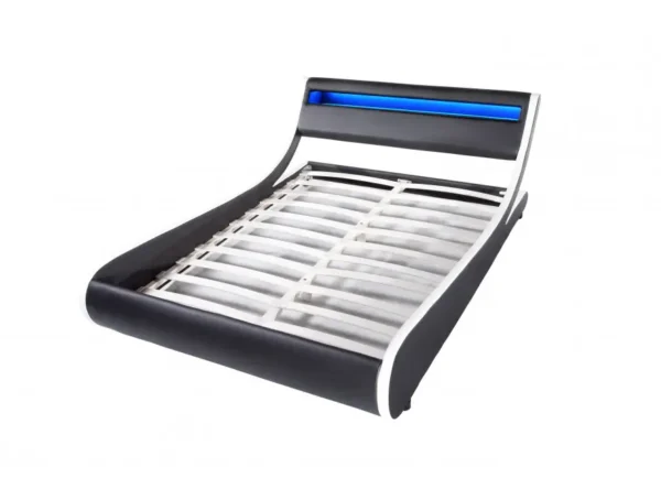 MERCURE Cadre de lit LED avec tête de lit et sommier à lattes en simili BLANC/NOIR  160/200 cm – Image 4