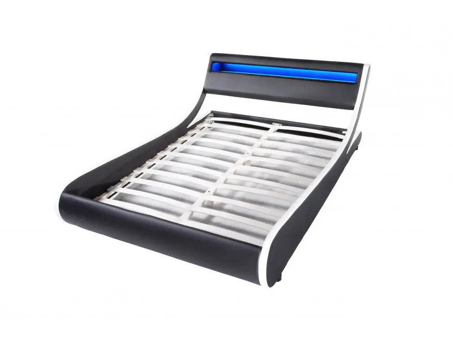 MERCURE Cadre de lit LED avec tête de lit et sommier à lattes en simili BLANC/NOIR  160/200 cm – Image 4