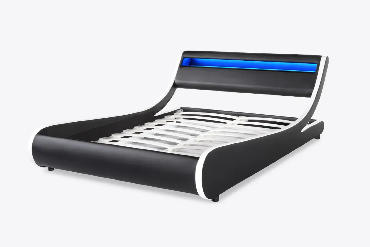 MERCURE Cadre de lit LED avec tête de lit et sommier à lattes en simili BLANC/NOIR  160/200 cm – Image 5