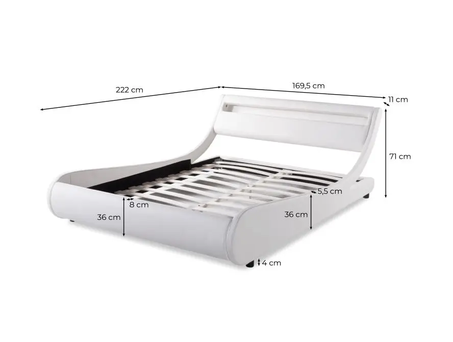 MERCURE Cadre de lit LED avec tête de lit et sommier à lattes en simili BLANC/NOIR  160/200 cm – Image 6