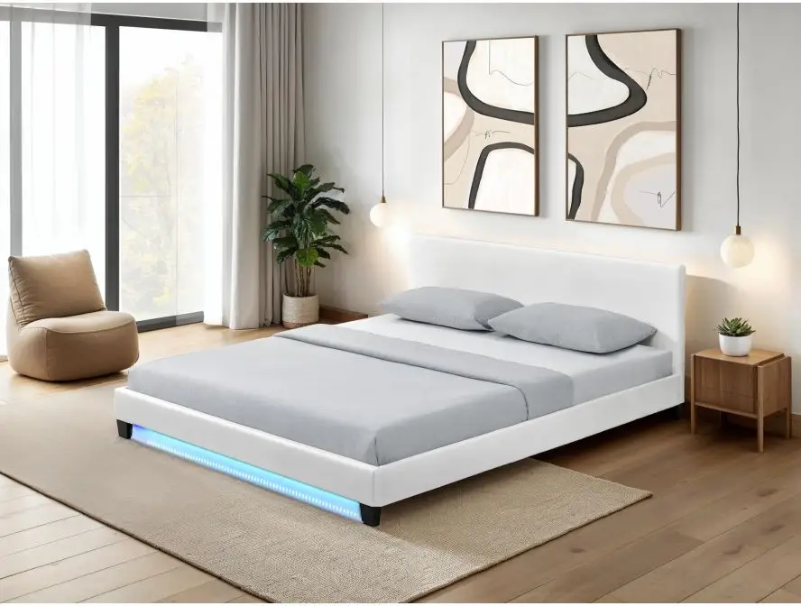MONACO Cadre de lit avec éclairage LED, tête de lit et sommier à lattes en simili blanc 140/190 cm – Image 2