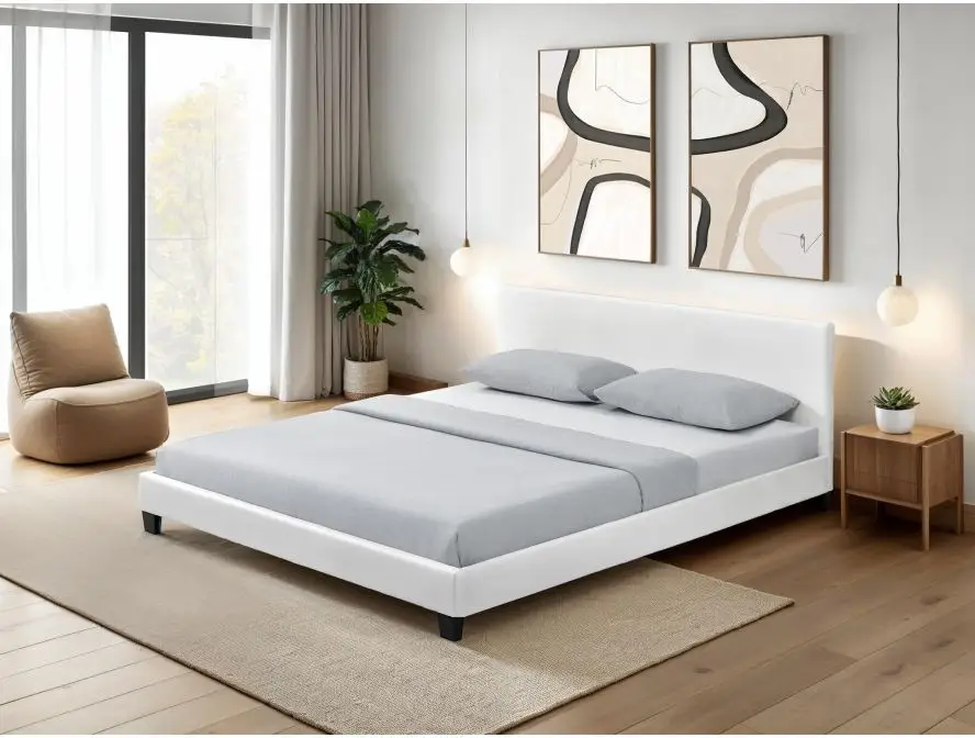 MONACO Cadre de lit avec éclairage LED, tête de lit et sommier à lattes en simili blanc 140/190 cm – Image 3
