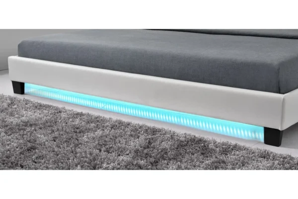 MONACO Cadre de lit avec éclairage LED, tête de lit et sommier à lattes en simili blanc 140/190 cm – Image 4