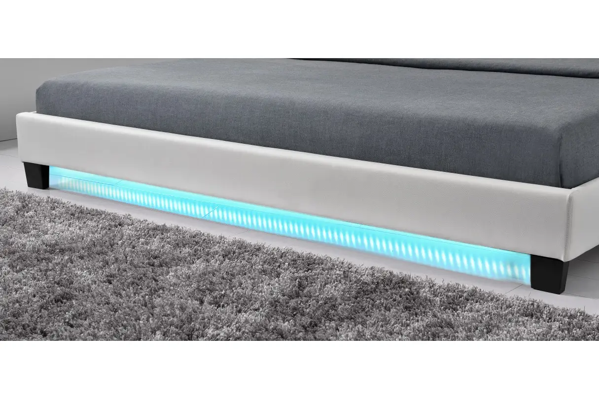 MONACO Cadre de lit avec éclairage LED, tête de lit et sommier à lattes en simili blanc 140/190 cm – Image 4