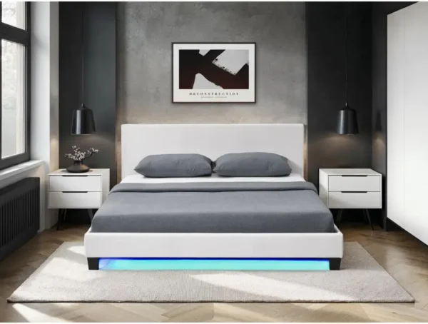 MONACO Cadre de lit avec éclairage LED, tête de lit et sommier à lattes en simili blanc 140/190 cm – Image 5