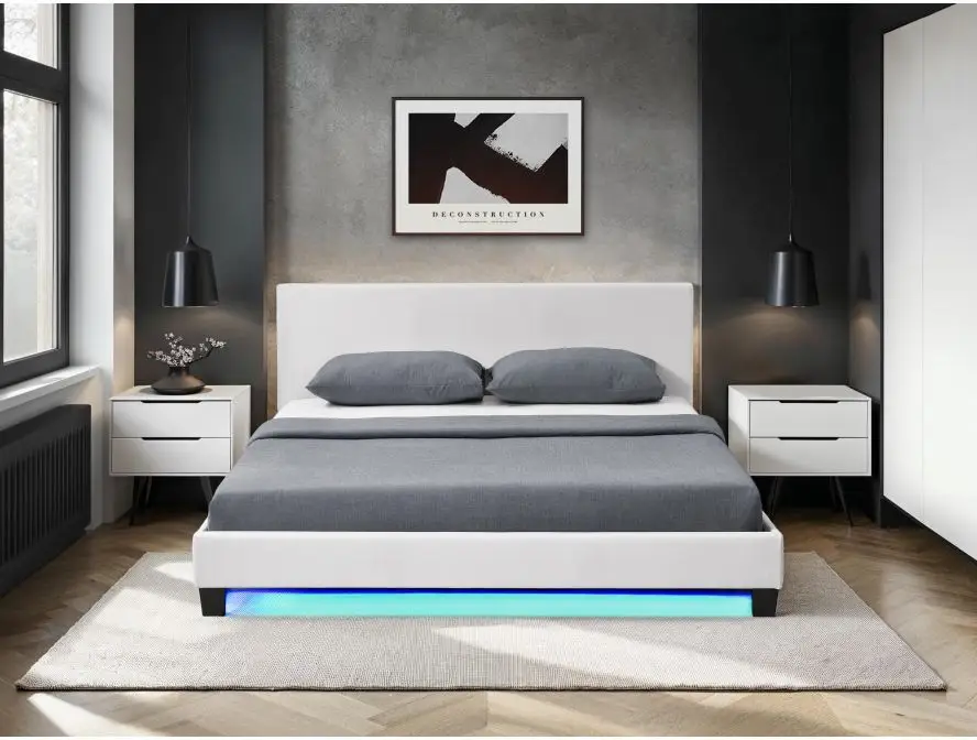 MONACO Cadre de lit avec éclairage LED, tête de lit et sommier à lattes en simili blanc 140/190 cm – Image 5