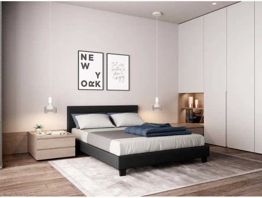 MONACO Cadre de lit avec tête de lit et sommier à lattes en simili NOIR 140/190 cm – Image 2