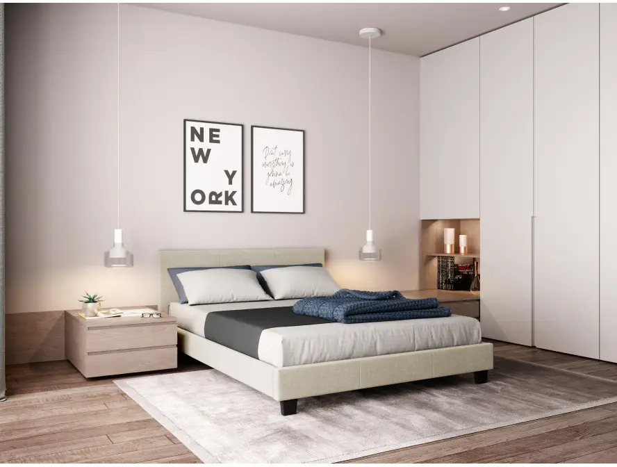 MONACO Cadre de lit avec tête de lit et sommier à lattes en tissu naturel 140/190 cm – Image 2