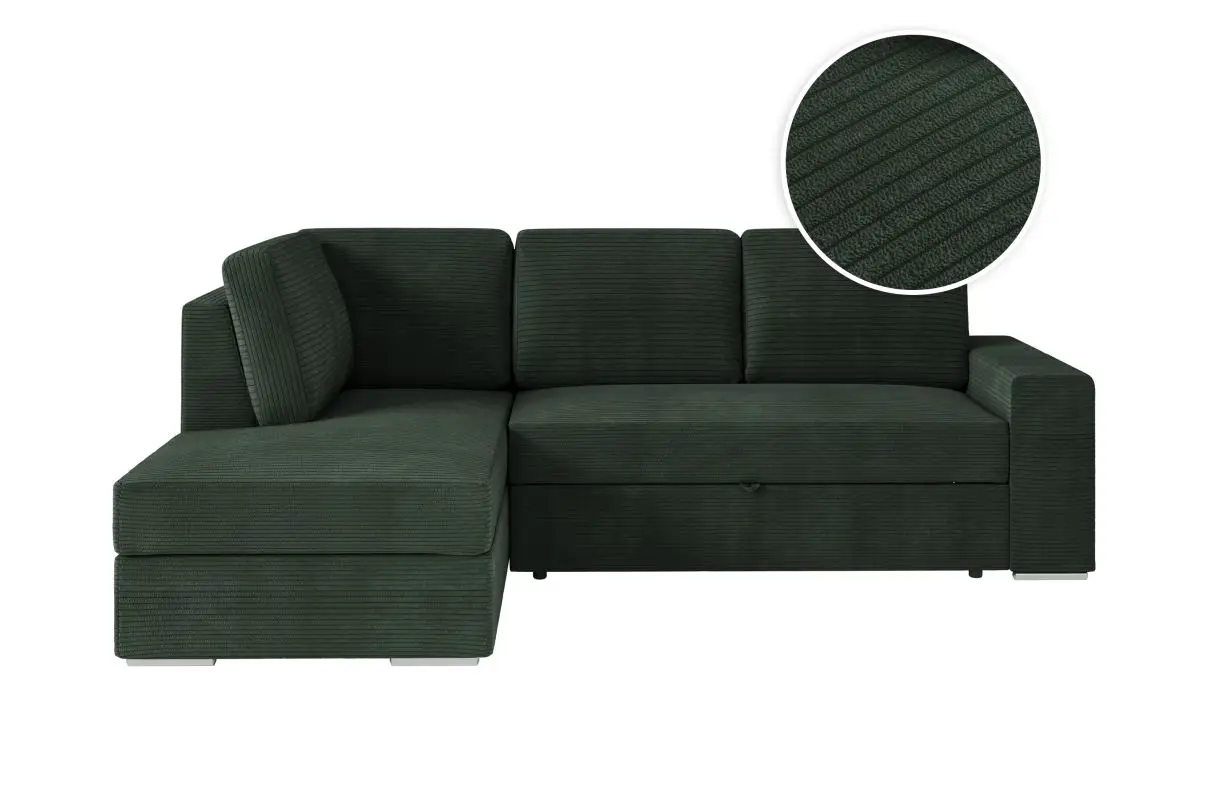 ARTEMIS Canapé d'angle convertible avec coffre en velours côtelé vert foncé  angle gauche