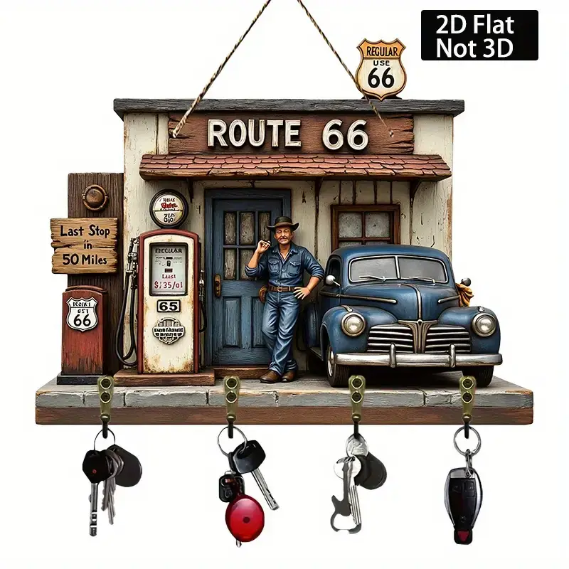 Porte-clés de garage rétro Route 66 avec quatre crochets en métal